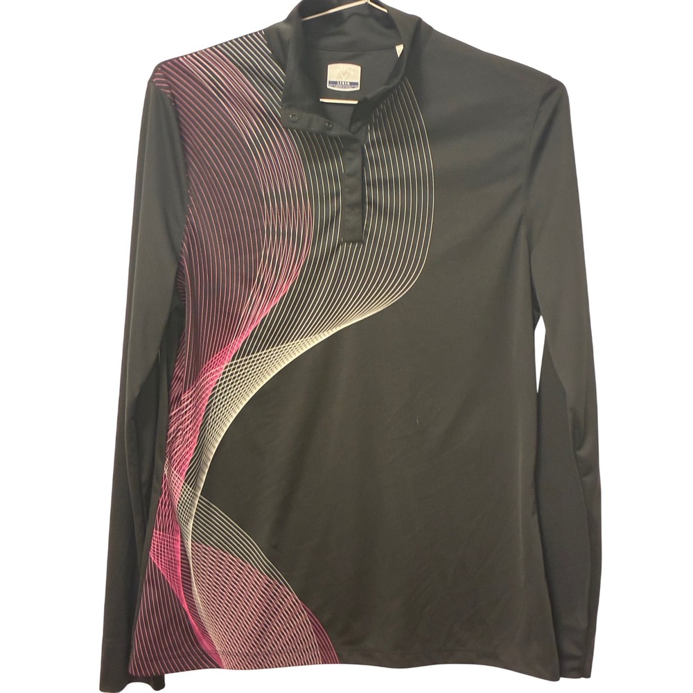 Callaway Womens Vintage Long Sleeve Golf Polo Black Pink Wave Graphic Large